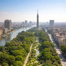 Potential visualisation of green corridors in Cairo (illustrative). The image highlights how integrated green infrastructure can improve urban resilience by enhancing microclimate regulation, supporting natural ventilation, reducing heat stress and strengthening ecosystem-based adaptation in dense urban environments.